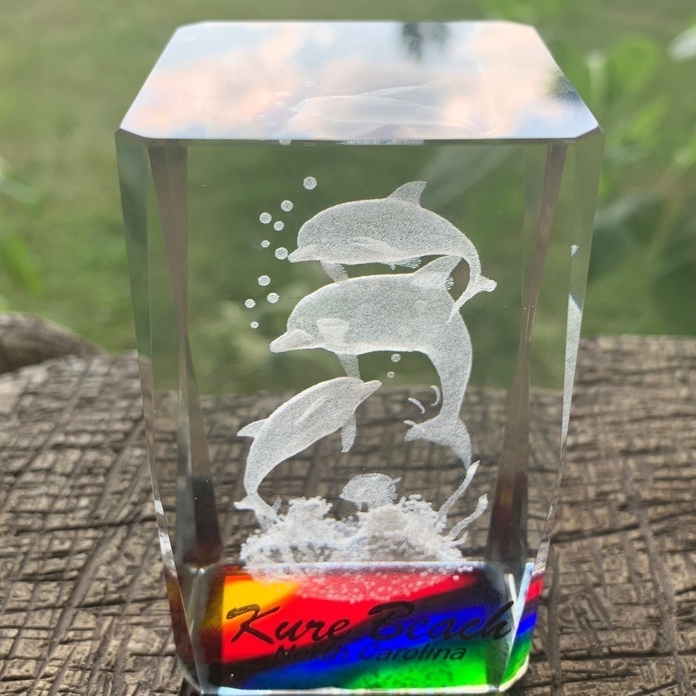 3D Laser Etched Crystal Cube Paperweight Dolphins Swimming Seaweed Kure Beach NC